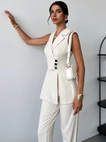 SHEIN Privé Conjunto de chaleco blazer sin mangas con detalles de botones en el cuello y dobladillo dividido, y pantalones de pierna ancha, diseño elegante para mujer