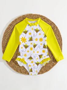 Traje de baño de una pieza para niñas, estampado de abeja lindo con cremallera, fácil de vestir, traje de baño para niños, de moda y casual, adecuado para nadar, vacaciones, verano - Multicolor - Ver 6