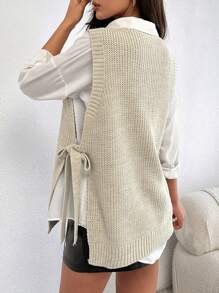 EURMUSE Round Neck Sleeveless Sweater With Pearls - Beige - View 2