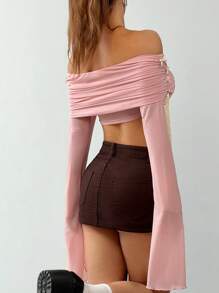 SHEIN EZwear 女士露肩长袖褶皱露肩网眼蝴蝶结修身优雅甜美时尚衬衫 - 粉色 - 查看 2