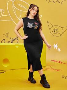 TOM & JERRY X SHEIN Vestido midi ajustado con pliegues, sin mangas, con estampado clásico de gato y ratón de dibujos animados, de estilo deportivo casual de los 90, talla grande, otoño