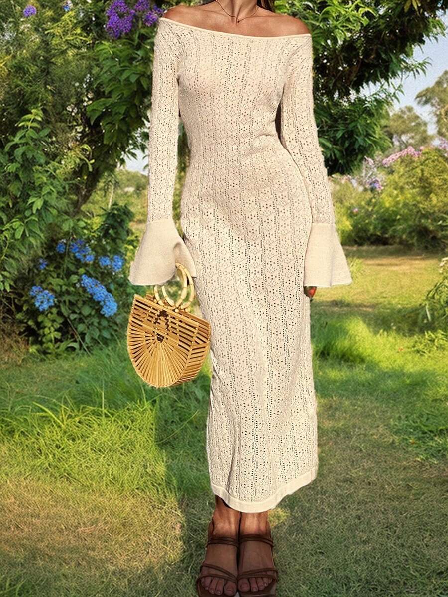 SHEIN VCAY Wakacyjna damska, długa, elegancka sukienka sweterkowa z okrągłym dekoltem i rękawami typu trąbka - Morela - Zobacz 1
