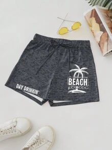 INAWLY Plus Size Women's Summer Beach Letter Print Palm Tree Design Belt Casual Shorts - Black - View 4