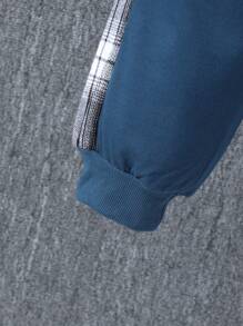 SHEIN 2 件套 Tween Boy 休闲格子拼布连帽上衣和裤子套装，春季/秋季