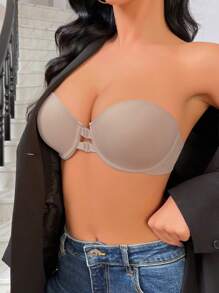Women's Solid Color Simple Everyday Closure Front Strapless Bra - Brown - View 4