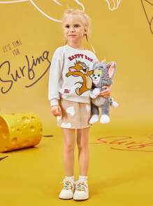 TOM & JERRY X SHEIN 年轻女孩卡通字母印花圆领休闲可爱运动衫，春秋