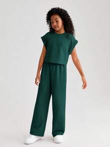 Tween Girl 纯色圆领无袖上衣和裤子春夏休闲套装 - 綠色 - 查看 5