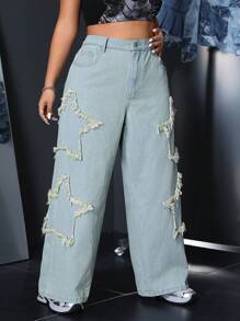 SHEIN ICON Plus Size Stars Embroidered Pockets Loose Fit Casual Wide Leg Jeans - Light Wash - View 3