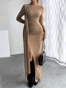 Chiquease Vestido largo liso de manga larga con bajo dividido, vestido largo nude sencillo para mujeres, casual y para vacaciones - Marrón - Ver 7