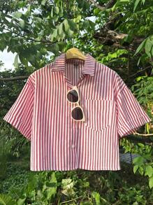 Elamini 女士休闲宽松条纹卷袖短款衬衫，亚麻混纺，适合新年服装 - 紅色 - 查看 4