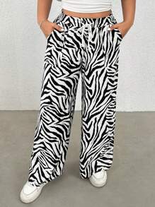 SHEIN EZwear 大码休闲斑马纹宽松亚麻质感黑白裤子 - 黑與白 - 查看 1