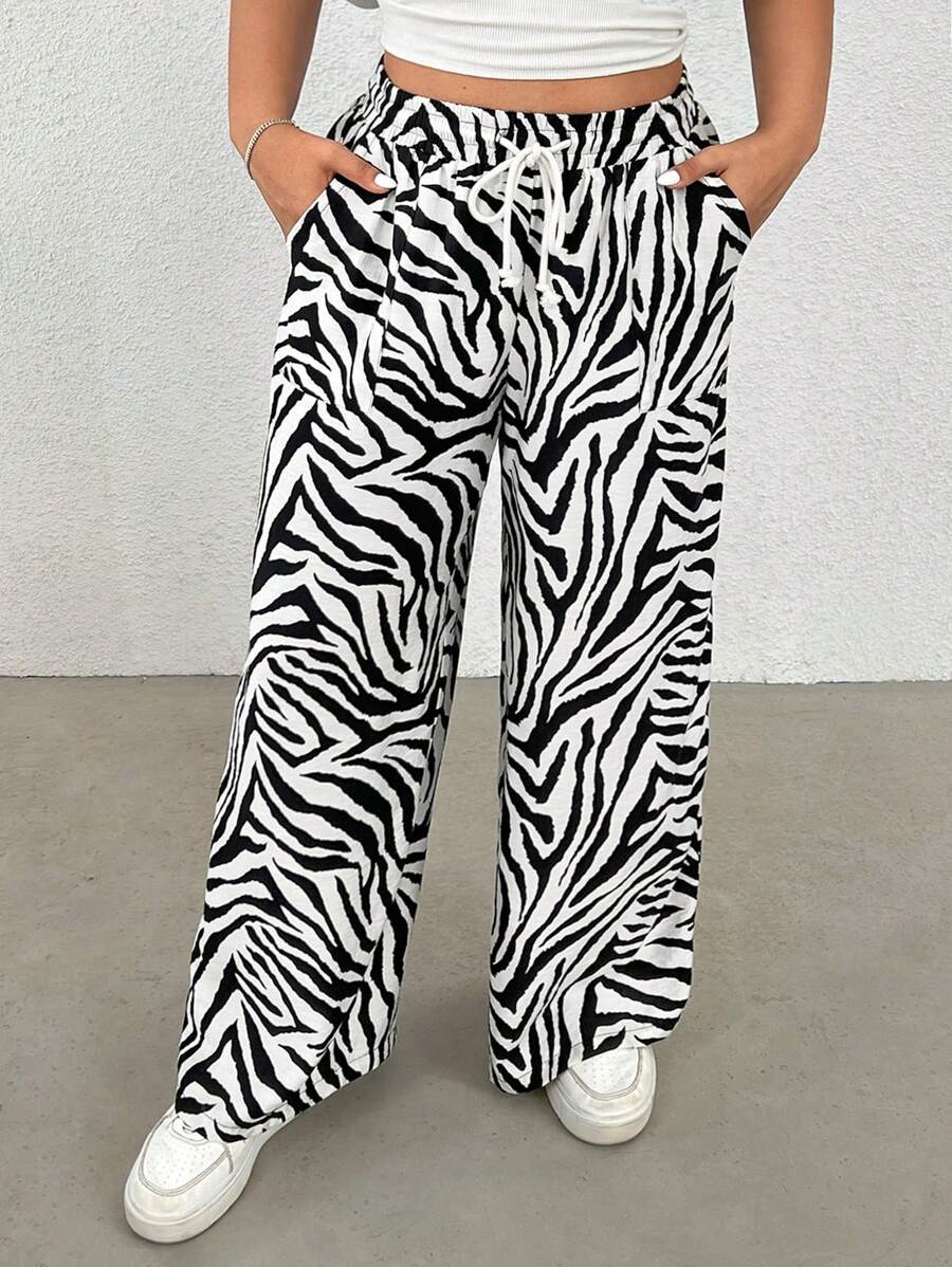 SHEIN EZwear 大码休闲斑马纹宽松亚麻质感黑白裤子 - 黑與白 - 查看 1