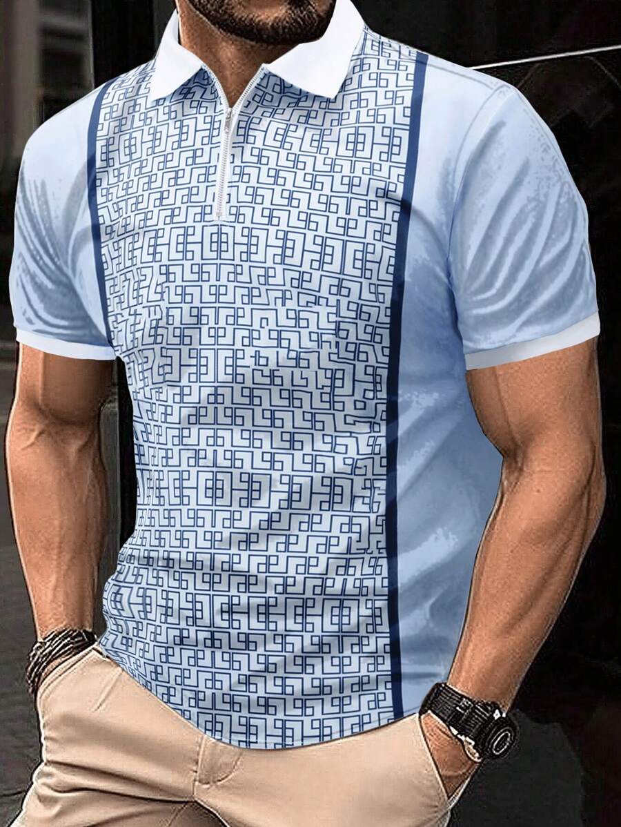 Manfinity Homme Men Plus Size Geometric Print Short Sleeve Polo Shirt, Summer - Multicolor - View 1