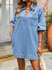 Breezaya Women V-Neck Loose Denim Dress, Elegant And Charming