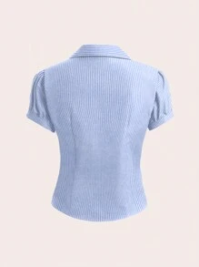 Sweetra Camisa de manga corta con cuello en V, fruncido, abertura delantera y ajuste ceñido. Elegante y versátil para la oficina, camiseta de manga corta