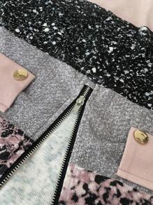 SHEIN LUNE Ropa de invierno para talla grande - Camiseta deportiva y casual de ajuste ceñido con cierre de cremallera, botones y estampado metalizado de lentejuelas con textura acanalada