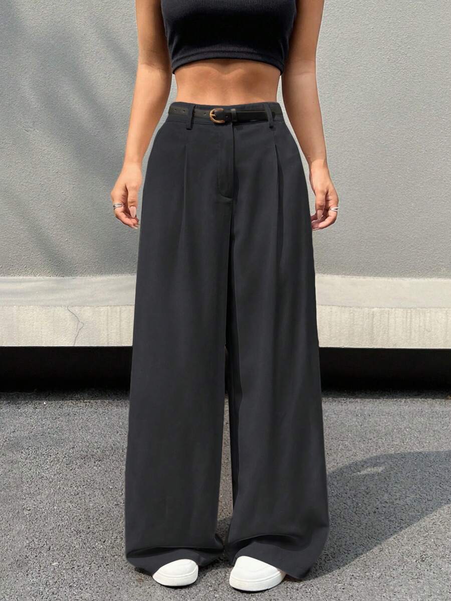 SHEIN EZwear 纯色休闲阔腿裤配腰带 - 灰色 - 查看 1