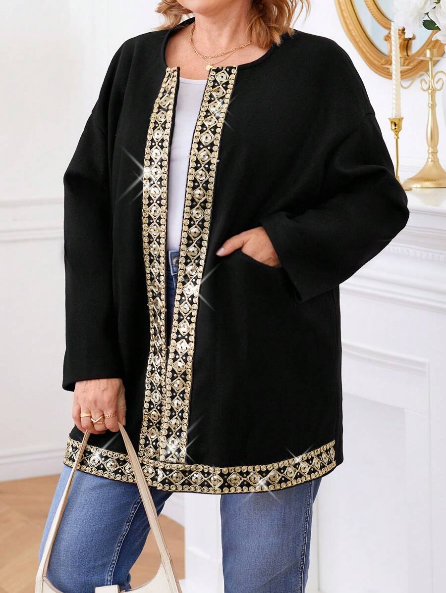 Plus Size Women Rhinestone Decor Long Sleeve Jacket - Black - View 1
