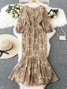 Breezaya 大码圆领长袖全身印花抽绳褶饰优雅连衣裙 - 彩色 - 查看 2