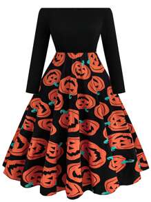 Flirla Plus Size Halloween Contrast Pumpkin Print Off Shoulder Midi Dress, Women Fall Clothes - Black - View 1