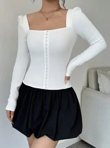 Chiquease Summer Elegant Low Waist Contrast Color Block Long Sleeve Dress - Black and White - View 5
