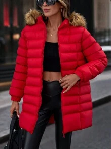 SHEIN Cottnline Zip Up Slant Pockets Padded Coat With Fur Hood - Red - View 6