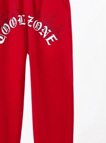 SHEIN Kids Tween Boys' Casual Street Style Letter Printed Jogger Pants With Slant Pockets, Solid Color Knitted Sweatpants