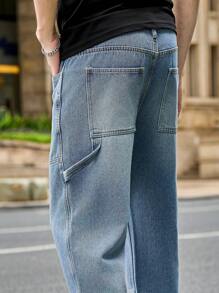 Manfinity Homme Men's Button Waistband Straight Leg Distressed Design Fashion Jeans - Blue - View 6