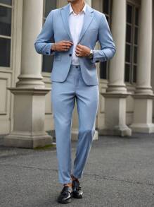 Manfinity Bizformal Men's Slim Fit Business Suit, Single Breasted Button Jacket With Pockets And Lapel, Trousers Included - Baby Blue - View 3