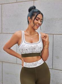 SHEIN Sport Studio Women Solid Color Patchwork Floral Print Sports Bra, Casual Daily Wear