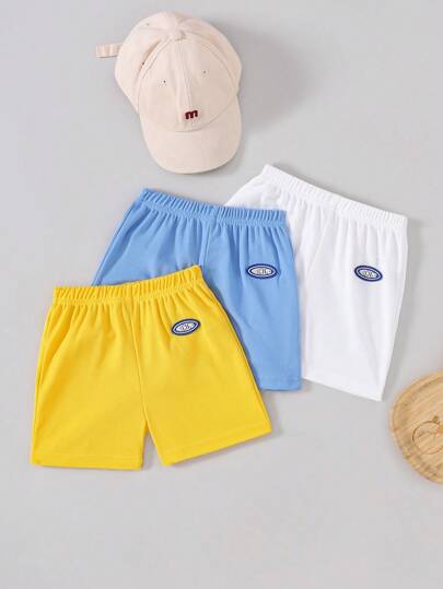 SHEIN 3 件装年轻男孩夏季华夫格纹理三色短裤，带英文字母印花，休闲度假海滩日常装春夏新款