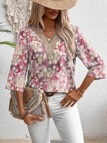 SHEIN Clasi Áo cổ chữ V in hoa toàn bộ tay áo 3/4 dành cho nữ - Hồng - Xem 4