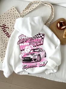 SHEIN Sudadera con capucha de punto cómoda de manga larga, estampada con coche de dibujos animados rosa y letras en inglés, de estilo americano casual y personalidad fresca, apropiada para otoño e invierno, para niñas jóvenes
