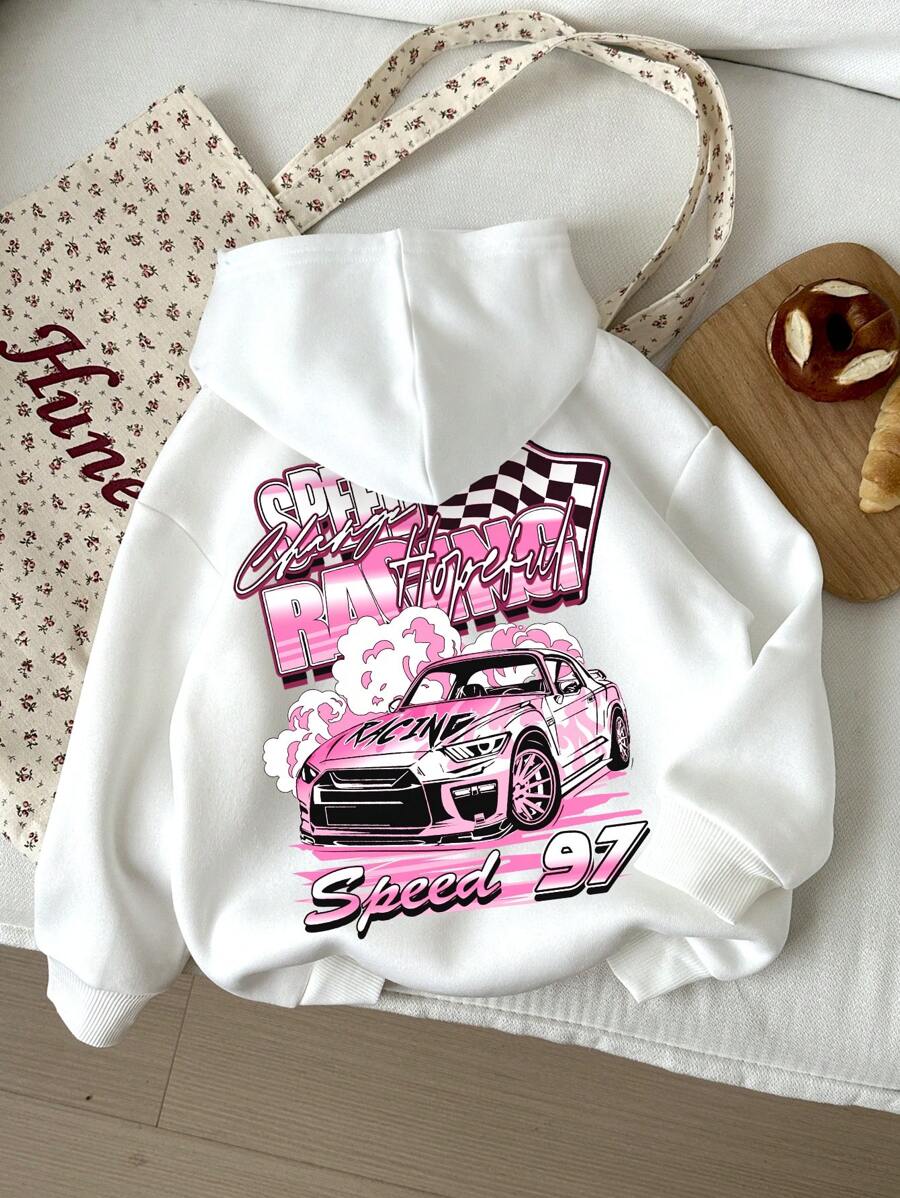 SHEIN Sudadera con capucha de punto cómoda de manga larga, estampada con coche de dibujos animados rosa y letras en inglés, de estilo americano casual y personalidad fresca, apropiada para otoño e invierno, para niñas jóvenes