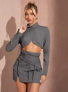 SHEIN BAE Minifalda sexy con decoración de abertura, de cintura alta, corte ceñido y ajustable, de estilo versátil de calle, en color caqui, para mujer - Gris Oscuro - Ver 3