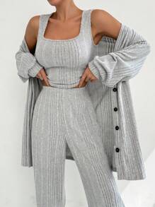 SHEIN Privé 3pcs Women Autumn Casual Ribbed Button Loose Cardigan, Square Neck Vest And High Waist Flare Leg Pants Set - Grey - View 8