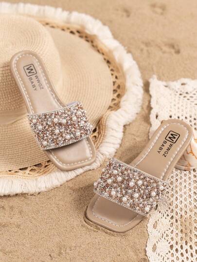 Summer Girls Rhinestone & Pearl Decor Beach Sandals, Fashionable Open Toe Flat Princess Slides, Suitable For Students And Outdoor Wear (Handmade Rhinestone Placement Slightly Uneven, Random Sole Color)