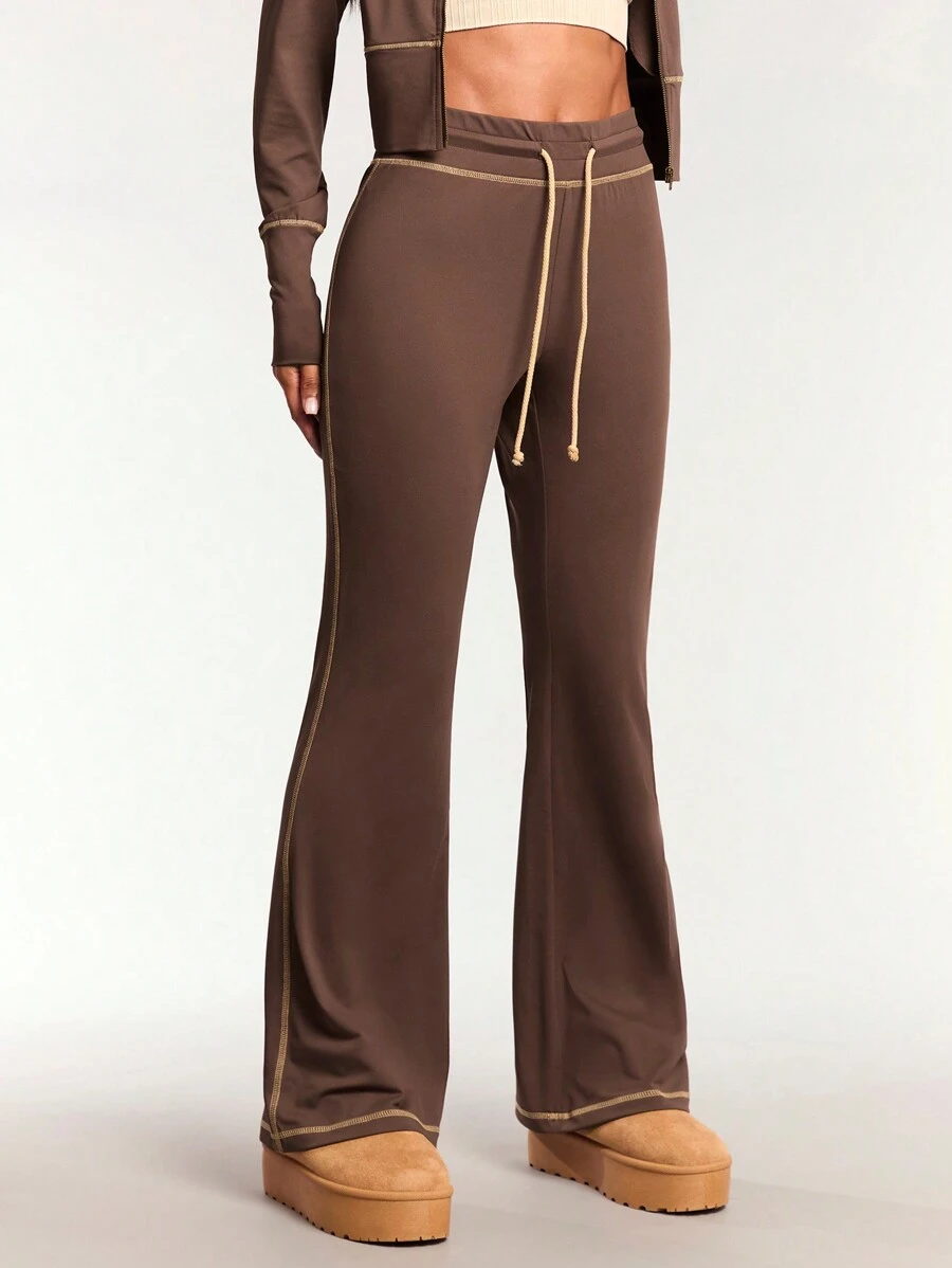 Forever 21 Women Drawstring Waist Casual Colorblock Flare Pants - Rusty Rose - View 1