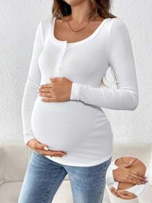 SHEIN Umstands-T-Shirt Einfarbig mit Rundhalsausschnitt, Knopfleiste vorne und langen Ärmeln - Weiss - Übersicht 1