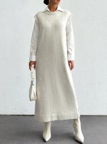 EURMUSE Solid Split Hem Sleeveless Sweater Dress Without Blouse - Beige - View 4