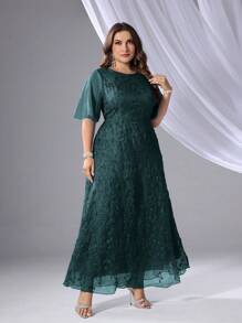 SHEIN Belle Plus Size Women Embroidered Decor Round Neck Short Sleeve Mesh Bridesmaid Dress - Dark Green - View 1