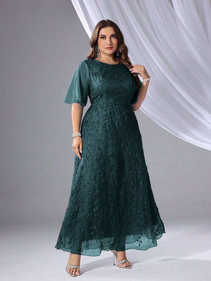 SHEIN Belle Plus Size Women Embroidered Decor Round Neck Short Sleeve Mesh Bridesmaid Dress - Dark Green - View 1
