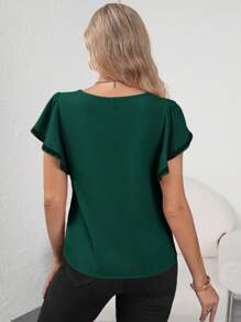 SHEIN Clasi 女士夏季蕾丝 V 领荷叶短袖优雅衬衫 - 墨綠色 - 查看 2