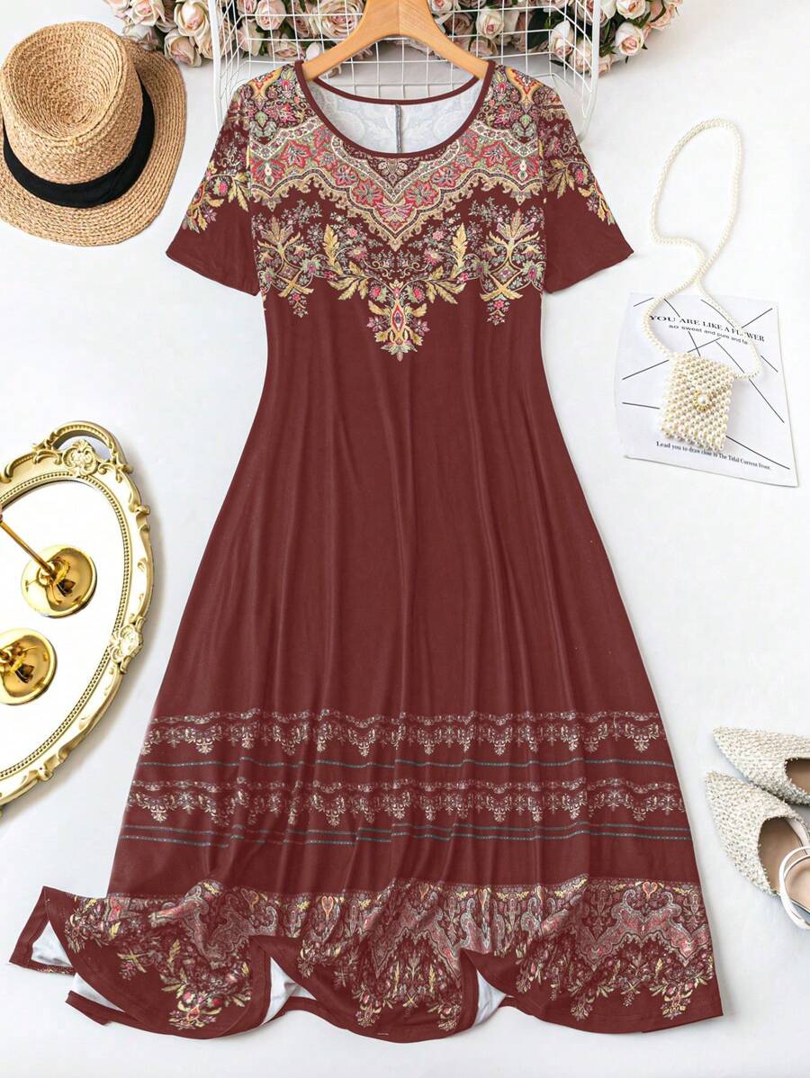 SHEIN LUNE Đầm tay ngắn in hoa cổ tròn cỡ lớn thanh lịch và duyên dáng - Màu Đỏ Sâu - Xem 1