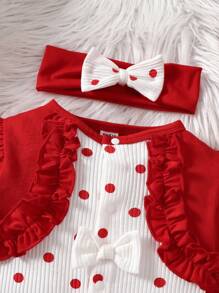 SHEIN Baby Girl Colorblock Polka Dot Printed Bow Decor Jumpsuit With Matching Headband - Red - View 3