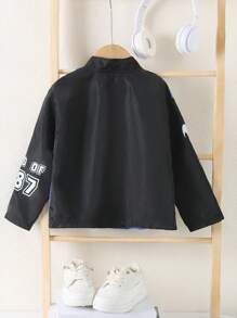 SHEIN Chaqueta de estilo de calle de moda informal para niñas, chaqueta oversize de hombros caídos con estampado de letras y bloque de color en contraste - Negro - Ver 2