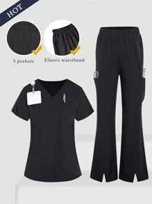 TaskEZ 2pcs Women Healthcare Uniform - Solid Color V-Neck Blouse & Slit Long Pants, Scrub Sets - Black - View 1