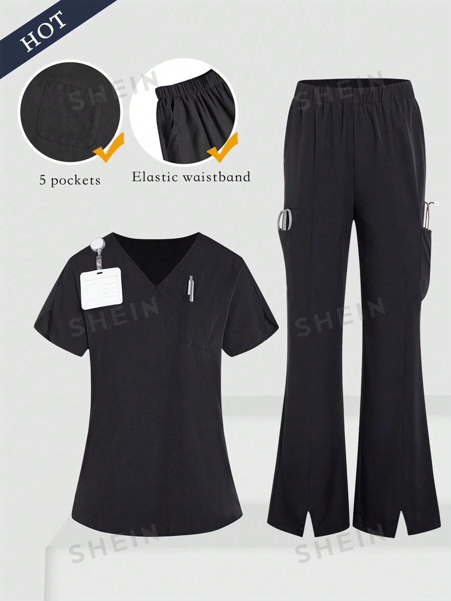 TaskEZ 2 piezas Conjunto de uniforme de mujer para el cuidado de la salud - Blusa de cuello en V de unicolor y pantalones largos con abertura - Negro - Ver 1