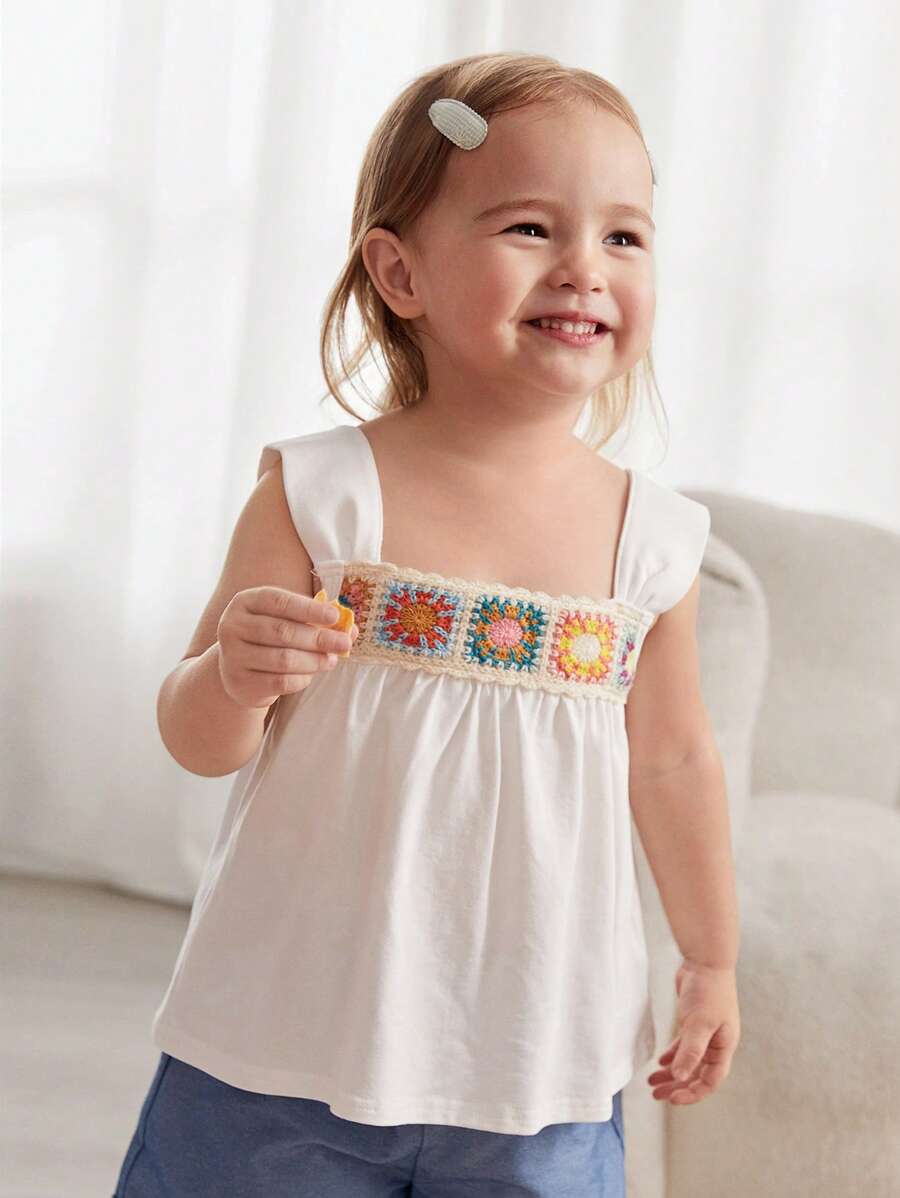 Cozy Pixies Baby Girl Crochet Pattern Color Block Sleeveless Pullover Sweater With Round Neck - White - View 1