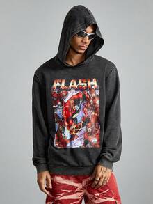 ROMWE MEN THE FLASH X ROMWE Sudadera con capucha holgada, de caída de hombro, con impresión de héroes y letras de anime, para primavera y otoño, para hombres - Negro - Ver 2